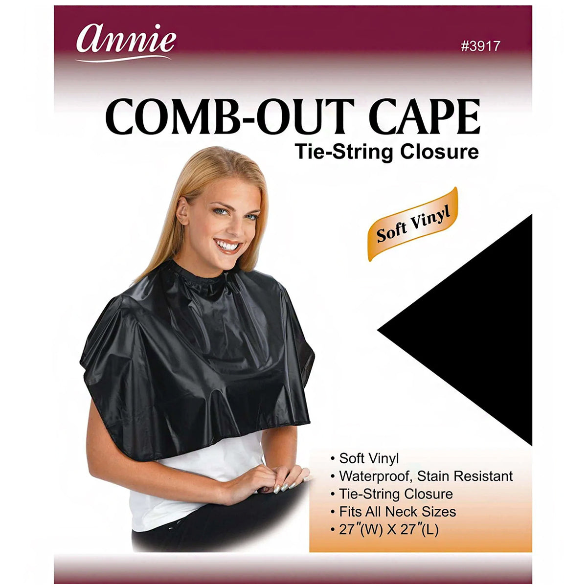 Annie #3917 Cutting Comb-Out Cape Tie-String Closure 27\" x 27\" - Black